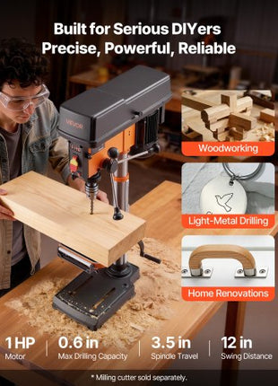 12-Inch Benchtop Drill Press, 6.2 Amp, 1 HP Bench Drill Press, 530 to 3140 RPM Variable Speed, 0-45° Tilting Worktable, with Laser and LED Work Light, Tabletop Drilling Machine, for Wood Metal