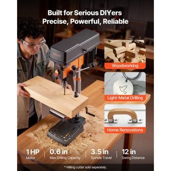 12-Inch Benchtop Drill Press, 6.2 Amp, 1 HP Bench Drill Press, 530 to 3140 RPM Variable Speed, 0-45° Tilting Worktable, with Laser and LED Work Light, Tabletop Drilling Machine, for Wood Metal