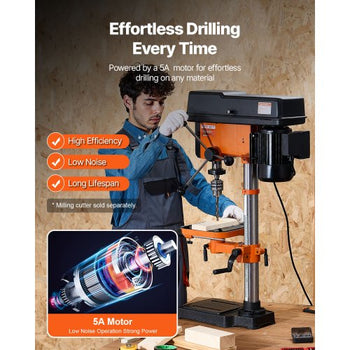 12 in Benchtop Drill Press, 5 Amp 120V, Variable Speed Cast Iron Bench Drill Press, 12 in Swing Distance 0-45° Tiltling Worktable with Laser Work Light, Tabletop Drilling Machine for Wood Metal