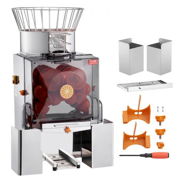 Commercial Orange Juicer Machine, 120W Automatic Feeding Juice Extractor, Stainless Steel Juice Extractor for 25 Oranges Per Minute, with Pull-Out Filter Box, PC Cover, 2 Peel Collecting Buckets