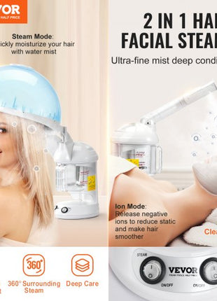 Hair Steamer, 2-in-1 Professional Hair & Facial Steamer with Detachable Bonnet Hood, Nano Ionic & UV Ozone Face Steamer with 360° Rotatable Sprayer for Salon Spa Home Beauty
