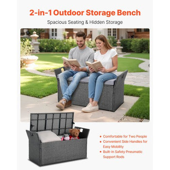 Outdoor Storage Bench, 2-Person PE Rattan Storage Bench, 40 Gal Deck Box with Cushion & Side Handle, Supports up to 400 lbs, Weatherproof Outdoor Seating & Porch Decor for Patio Garden Balcony