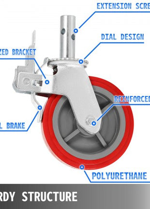 Scaffolding Wheels Set of 4, 8\" - Scaffolding Casters Heavy Duty, 3200 Lbs Per Set - Locking Stem Casters with Brake, Red Polyurethane - Replacement for Scaffold, Shelves, Workbench