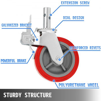 Scaffolding Wheels Set of 4, 8\" - Scaffolding Casters Heavy Duty, 3200 Lbs Per Set - Locking Stem Casters with Brake, Red Polyurethane - Replacement for Scaffold, Shelves, Workbench