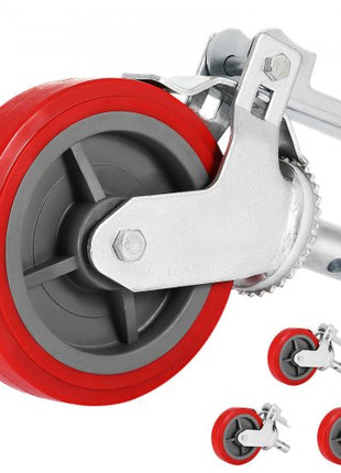Scaffolding Wheels Set of 4, 8\" - Scaffolding Casters Heavy Duty, 3200 Lbs Per Set - Locking Stem Casters with Brake, Red Polyurethane - Replacement for Scaffold, Shelves, Workbench