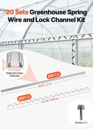 Greenhouse Spring Wire and Lock Channel, 20 Packs 6.56 ft PVC-Coated Wiggle Wire & Aluminum Alloy Channel Bundle Kit with Included Screws, 0.05 in Thickened, Poly Film & Shade Cloth Attachments