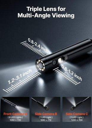 Triple Lens Endoscope with 32.8FT Newly Ultra-Rigid Cable, Industrial Borescope with Light, 5" HD IPS Screen, 8 + 2 Lights, 8X Zoom, 5000mAh, IP67 Waterproof Snake Camera for Auto, Plumbing