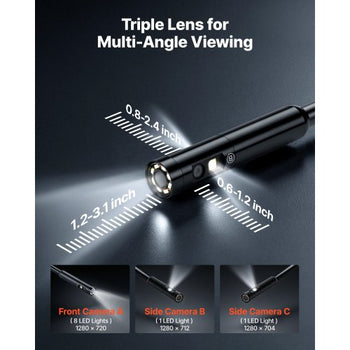 Triple Lens Endoscope with 32.8FT Newly Ultra-Rigid Cable, Industrial Borescope with Light, 5" HD IPS Screen, 8 + 2 Lights, 8X Zoom, 5000mAh, IP67 Waterproof Snake Camera for Auto, Plumbing