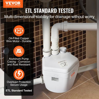 Utility Sink Pump, 1/3 HP, 120-Volt, 1750 GPH Flow, 18 ft Head, Under-Sink Sump Pump System with Copper Wire Motor, Heavy-Duty Utility/Laundry Sink Pump, Drain Pump with 1-1/2" Outlet, White