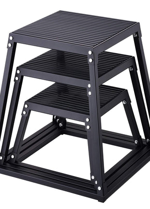 Black aluminum stacking side tables with a modern slatted design, featuring three tiers for versatile use.