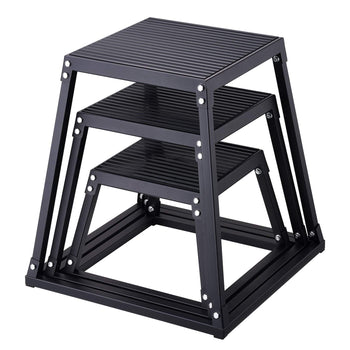 Black aluminum stacking side tables with a modern slatted design, featuring three tiers for versatile use.