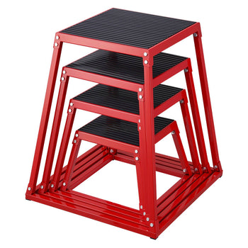 Red metal stacking stools with black striped seats, perfect for modern indoor or outdoor decor, space-saving design.