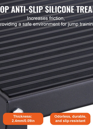 Top view of a black jump training platform with anti-slip silicone tread, featuring 2.4mm thickness for durability and safety.