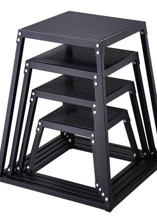 Black aluminum step stool with four adjustable heights, featuring a sleek, modern design and ribbed surfaces for grip.