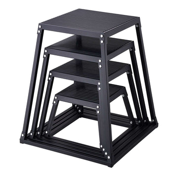 Black aluminum step stool with four adjustable heights, featuring a sleek, modern design and ribbed surfaces for grip.