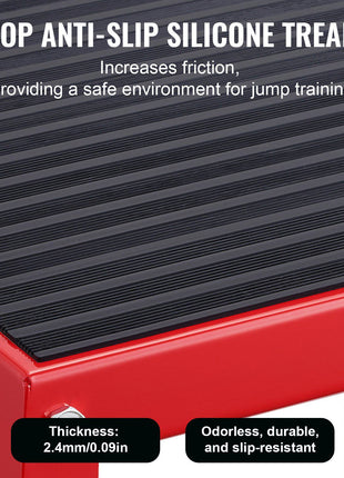 Anti-slip black silicone tread on red metal frame; 2.4mm thickness for durable, safe jump training.