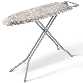Gray and white geometric patterned ironing board with a steel frame, foldable and lightweight design.
