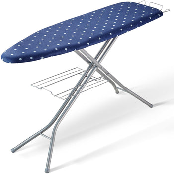 Navy blue polka dot ironing board with sturdy silver metal frame and convenient lower storage rack.