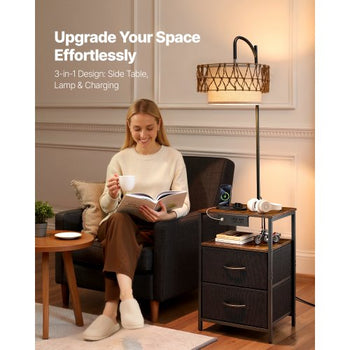 Floor Lamp with Table, 2-Tier End Table with 2 Drawers and 3 Color Temperature LED Bulb, Modern Side Nightstand Bedside Desk with USB & Type C & AC Charging Port for Living Room, Bedroom, Dorm