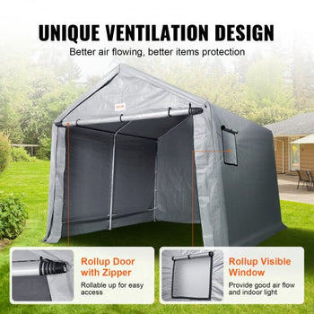 Outdoor Storage Shed, 10 x 10 ft Portable Storage Tent with Roll-up Door, Waterproof Canopy Shed Shelter, Heavy Duty Frame, Patio Garage Carport for Motorcycle, Lawn Mower, Bike, Grey