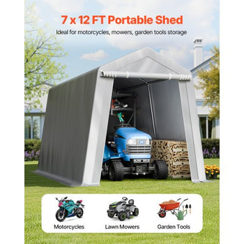 Outdoor Storage Shed, 7 x 12 ft Portable Storage Tent with Roll-up Door, Waterproof Canopy Shed Shelter, Heavy Duty Frame, Patio Garage Carport for Motorcycle, Lawn Mower, Bike, Grey