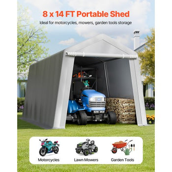 Outdoor Storage Shed, 8 x 14 ft Portable Storage Tent with Roll-up Door & Vents, Waterproof Canopy Shed Shelter, Heavy Duty Frame, Patio Garage Carport for Motorcycle, Lawn Mower, Bike, Grey