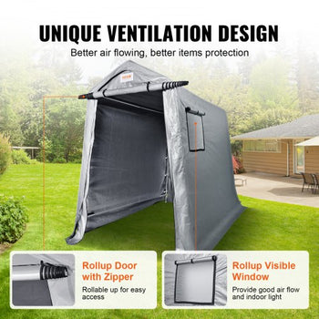 Outdoor Storage Shed, 6 x 8 ft Portable Storage Tent with Roll-up Door & Vents, Waterproof Canopy Shed Shelter, Heavy Duty Frame, Patio Garage Carport for Motorcycle, Lawn Mower, Bike, Grey