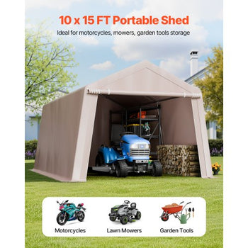 Outdoor Storage Shed, 10 x 15 ft Portable Storage Tent with Roll-up Door, Waterproof Canopy Shed Shelter, Heavy Duty Frame, Patio Garage Carport for Motorcycle, Lawn Mower, Bike, Beige