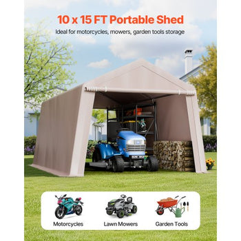 Outdoor Storage Shed, 10 x 15 ft Portable Storage Tent with 2 Roll-up Doors & Vents, Waterproof Canopy Shed Shelter, Heavy Duty Frame, Patio Garage Carport for Motorcycle Lawn Mower, Beige