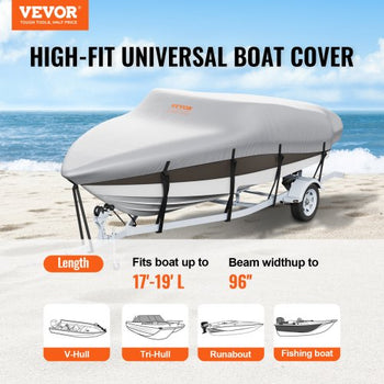 Boat Cover, 17'-19' Trailerable Waterproof Boat Cover, 600D Marine Grade PU Oxford, with Motor Cover and Buckle Straps, for V-Hull, Tri-Hull, Runabout, Bass Boat, Fish Ski Boat, Grey