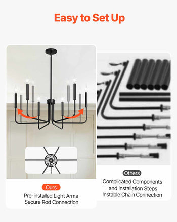 6-Light Chandelier, Black Farmhouse Chandelier, Adjustable Height, Dining Room Hanging Light Fixture for Ceilings, Modern Chandelier for Bedroom, Foyer, Hall, Kitchen, Living Room and Entryway