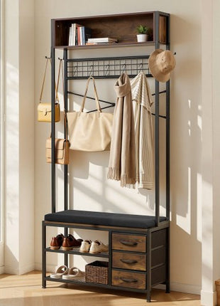 Hall Tree, 70.9 in Coat Rack with Shoe Bench & 3 Drawers, 3-in-1 Freestanding Shoe Rack Storage Organizer with Bookshelf & Wire Shelf, Steel Frame Entrance Coat Holder for Entry, Bedroom, Closet