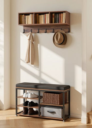 Coat Rack with Shoe Bench, 3-in-1 Shoe Coat Rack Combo Set with Hooks and Bookshelf, Steel Frame Hall Tree Entrance Storage Organizer Holder for Entry, Bedroom, Closet, Office, Rustic Brown