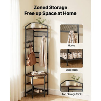 Corner Hall Tree, 71.3 in Coat Rack with Hooks, Top Shelf & Steel Frame, Freestanding Clothes Shoes Rack Storage Organizer with Anti-Tip Set, Adjustable Non-Slip Feet for Entrance Closet Office