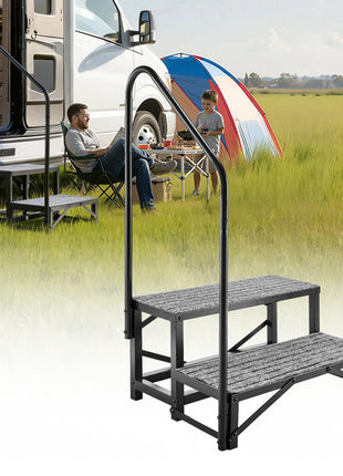 RV Steps with Handrail, 2 Steps, 660 lbs Load Capacity, Heavy Duty Outdoor RV Stairs with Non-Slip Mat for Elderly and Pets, Portable Stairs for Hot Tub, Camper, Mobile Home, Porch, Pool, SPA