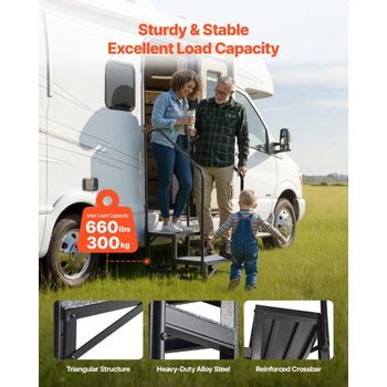 RV Steps with Dual Handrails, 2 Steps, 660 lbs Load Capacity, Heavy Duty Outdoor RV Stairs with Non-Slip Mat for Elderly/Pets, Portable Stairs for Hot Tub, Camper, Mobile Home, Porch, Pool, SPA