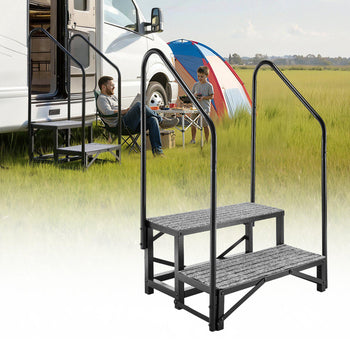 RV Steps with Dual Handrails, 2 Steps, 660 lbs Load Capacity, Heavy Duty Outdoor RV Stairs with Non-Slip Mat for Elderly/Pets, Portable Stairs for Hot Tub, Camper, Mobile Home, Porch, Pool, SPA