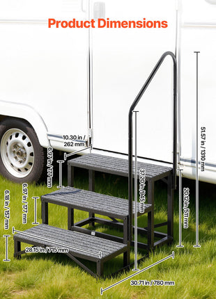 RV Steps with Handrail, 3 Steps, 660 lbs Load Capacity, Heavy Duty Outdoor RV Stairs with Non-Slip Mat for Elderly and Pets, Portable Stairs for Hot Tub, Camper, Mobile Home, Porch, Pool, SPA