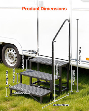 RV Steps with Handrail, 3 Steps, 660 lbs Load Capacity, Heavy Duty Outdoor RV Stairs with Non-Slip Mat for Elderly and Pets, Portable Stairs for Hot Tub, Camper, Mobile Home, Porch, Pool, SPA
