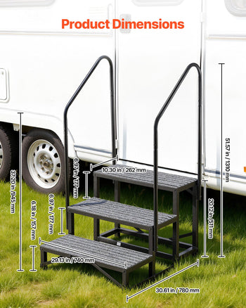 RV Steps with Dual Handrails, 3 Steps, 660 lbs Load Capacity, Heavy Duty Outdoor RV Stairs with Non-Slip Mat for Elderly/Pets, Portable Stairs for Hot Tub, Camper, Mobile Home, Porch, Pool, SPA