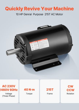 10 HP Electric Motor, 1770RPM Air Compressor Motor, CW/CCW Rotation, 1.375 inch Shaft Diameter, 3.88inch Shaft Length, 40N.m Torque, Three-Phase, 230V/460V, ODP Cooling, 215T Frame