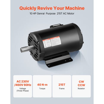 10 HP Electric Motor, 1770RPM Air Compressor Motor, CW/CCW Rotation, 1.375 inch Shaft Diameter, 3.88inch Shaft Length, 40N.m Torque, Three-Phase, 230V/460V, ODP Cooling, 215T Frame