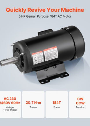 5 HP Electric Motor, 1725RPM Air Compressor Motor, CW/CCW Rotation, 1.125 inch Shaft Diameter, 2.75inch Shaft Length, 20.7N.m Torque, Three-Phase, TEFC Cooling, 230V/460V, 184T Frame