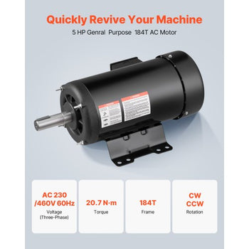 5 HP Electric Motor, 1725RPM Air Compressor Motor, CW/CCW Rotation, 1.125 inch Shaft Diameter, 2.75inch Shaft Length, 20.7N.m Torque, Three-Phase, TEFC Cooling, 230V/460V, 184T Frame