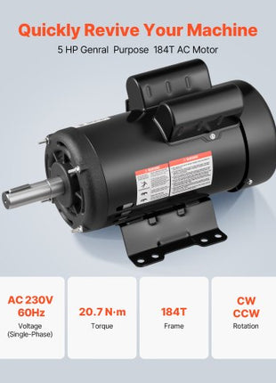 5 HP Electric Motor, 1725RPM Air Compressor Motor, CW/CCW Rotation, 1.125 inch Shaft Diameter, 2.75inch Shaft Length, 20.7N.m Torque, Single-Phase, ODP Cooling, 230V, 184T Frame