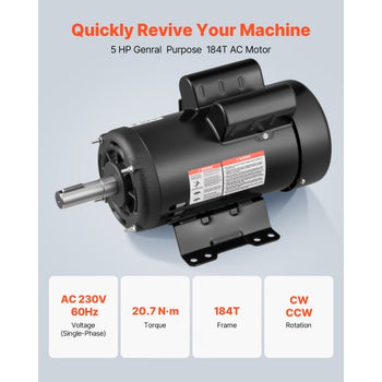 5 HP Electric Motor, 1725RPM Air Compressor Motor, CW/CCW Rotation, 1.125 inch Shaft Diameter, 2.75inch Shaft Length, 20.7N.m Torque, Single-Phase, ODP Cooling, 230V, 184T Frame