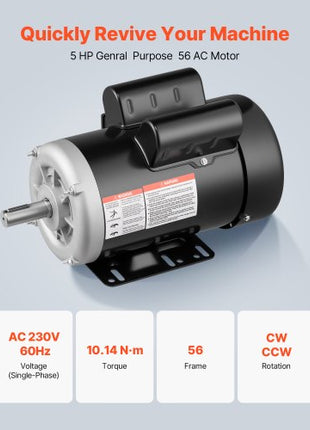 5 HP Electric Motor, 3450RPM Air Compressor Motor, CW/CCW Rotation, 0.875 inch Shaft Diameter, 2.25inch Shaft Length, 10.14N.m Torque, Single-Phase, 230V, TEFC Cooling
