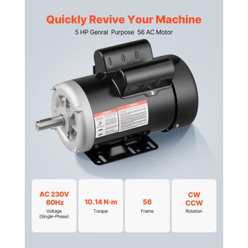 5 HP Electric Motor, 3450RPM Air Compressor Motor, CW/CCW Rotation, 0.875 inch Shaft Diameter, 2.25inch Shaft Length, 10.14N.m Torque, Single-Phase, 230V, TEFC Cooling
