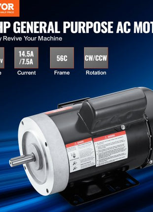 1HP Electric Motor 1725 rpm, AC 115V/230V, 56C Frame, Air Compressor Motor Single Phase, 5/8" Keyed Shaft, CW/CCW Rotation for Agricultural Machinery and General Equipment
