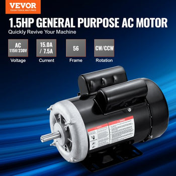1.5HP Electric Motor 3450 rpm, AC 115V/230V, 56 Frame, Air Compressor Motor Single Phase, 5/8" Keyed Shaft, CW/CCW Rotation for Agricultural Machinery and General Equipment